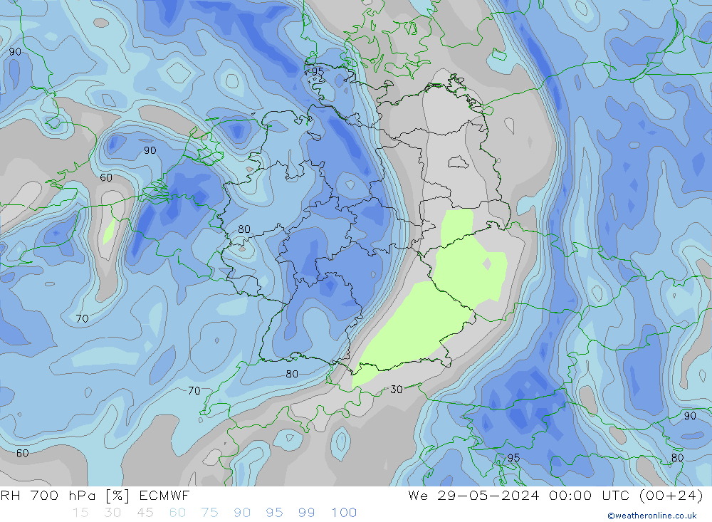 Humedad rel. 700hPa ECMWF mié 29.05.2024 00 UTC