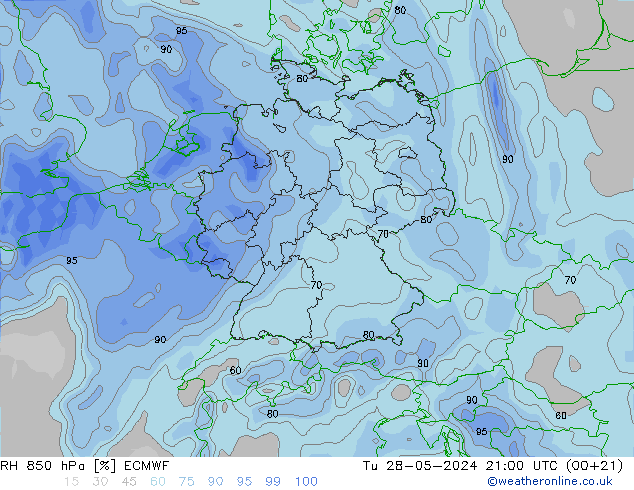 RH 850 hPa ECMWF 星期二 28.05.2024 21 UTC