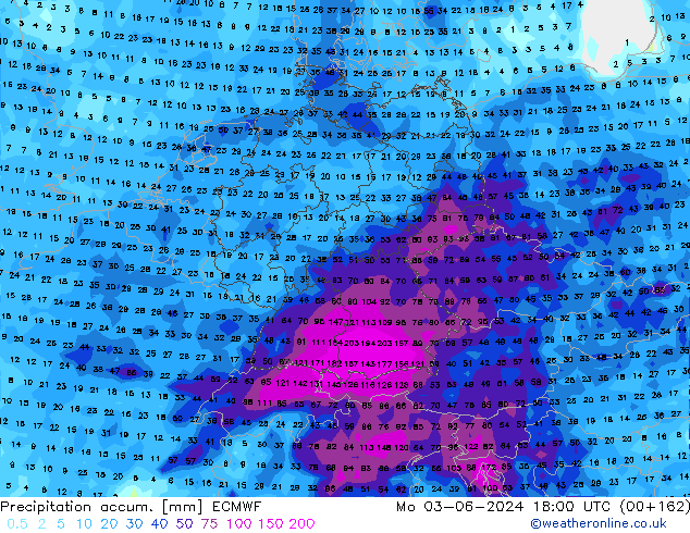 Precipitation accum. ECMWF пн 03.06.2024 18 UTC