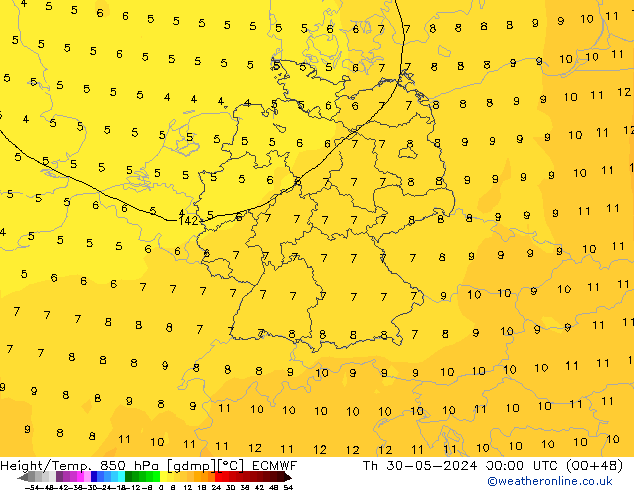 Z500/Rain (+SLP)/Z850 ECMWF чт 30.05.2024 00 UTC