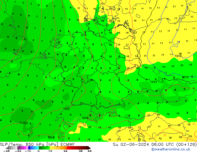 SLP/Temp. 850 hPa ECMWF Su 02.06.2024 06 UTC