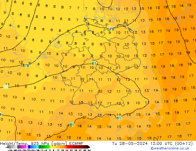 Height/Temp. 925 hPa ECMWF mar 28.05.2024 12 UTC