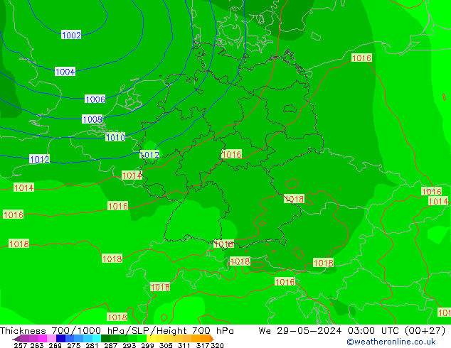 Espesor 700-1000 hPa ECMWF mié 29.05.2024 03 UTC