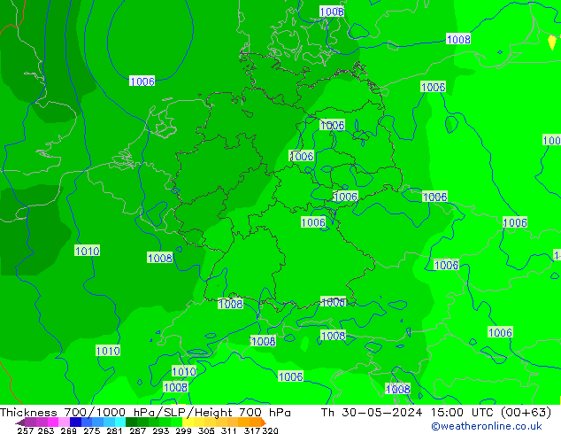 Thck 700-1000 hPa ECMWF Čt 30.05.2024 15 UTC