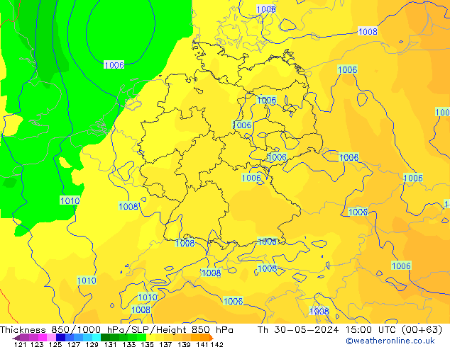 Thck 850-1000 hPa ECMWF Qui 30.05.2024 15 UTC