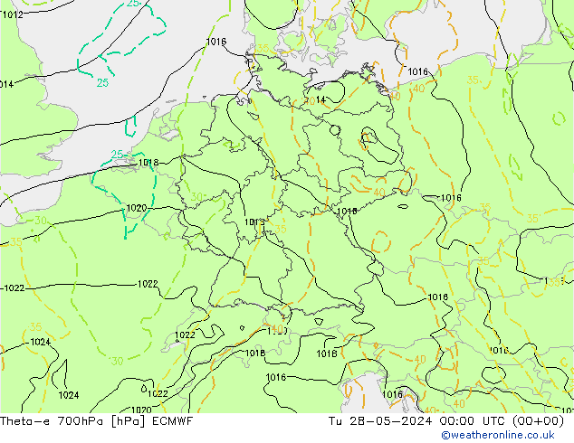 Theta-e 700hPa ECMWF mar 28.05.2024 00 UTC