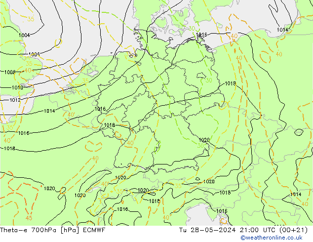 Theta-e 700hPa ECMWF mar 28.05.2024 21 UTC