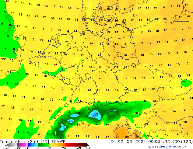 Temperature (2m) ECMWF Su 02.06.2024 00 UTC