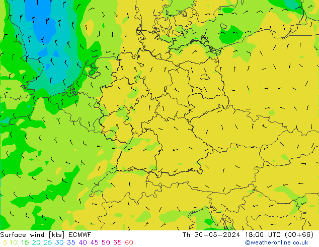 Surface wind ECMWF Čt 30.05.2024 18 UTC