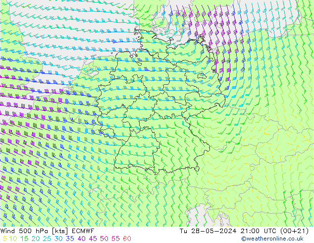 Wind 500 hPa ECMWF Tu 28.05.2024 21 UTC