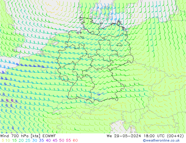 Vent 700 hPa ECMWF mer 29.05.2024 18 UTC