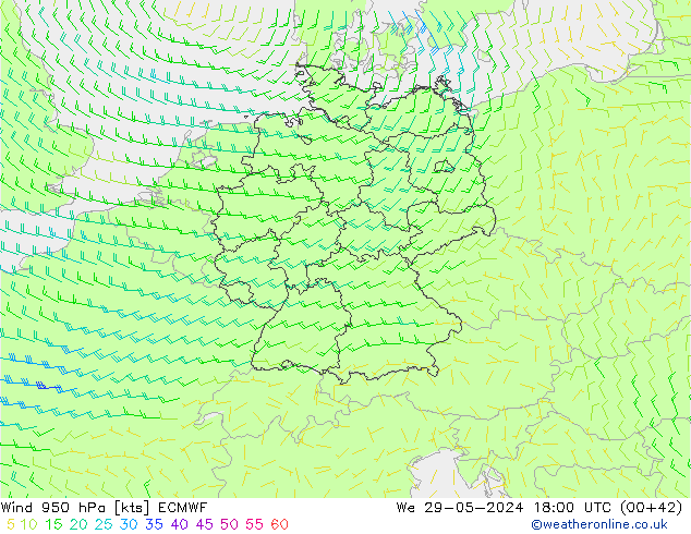 Vent 950 hPa ECMWF mer 29.05.2024 18 UTC