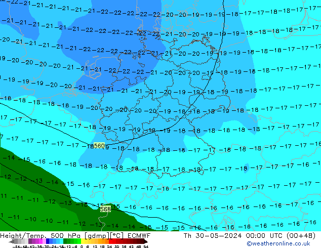 Z500/Rain (+SLP)/Z850 ECMWF Čt 30.05.2024 00 UTC