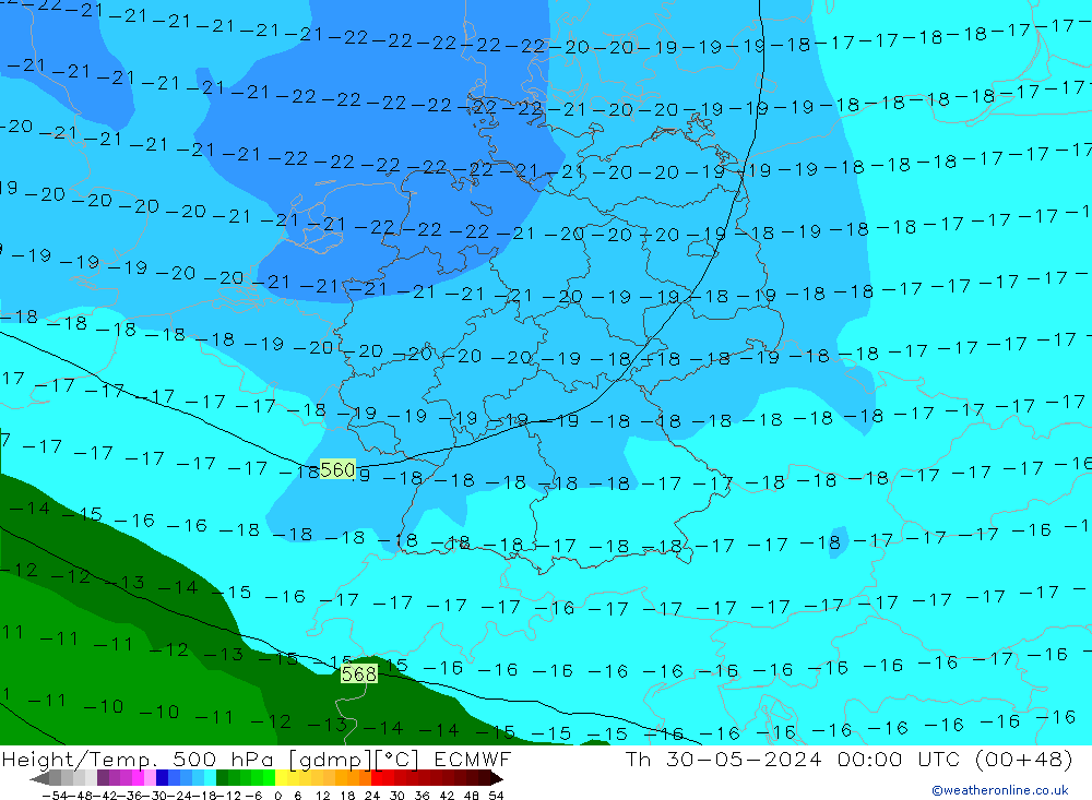 Height/Temp. 500 hPa ECMWF Th 30.05.2024 00 UTC