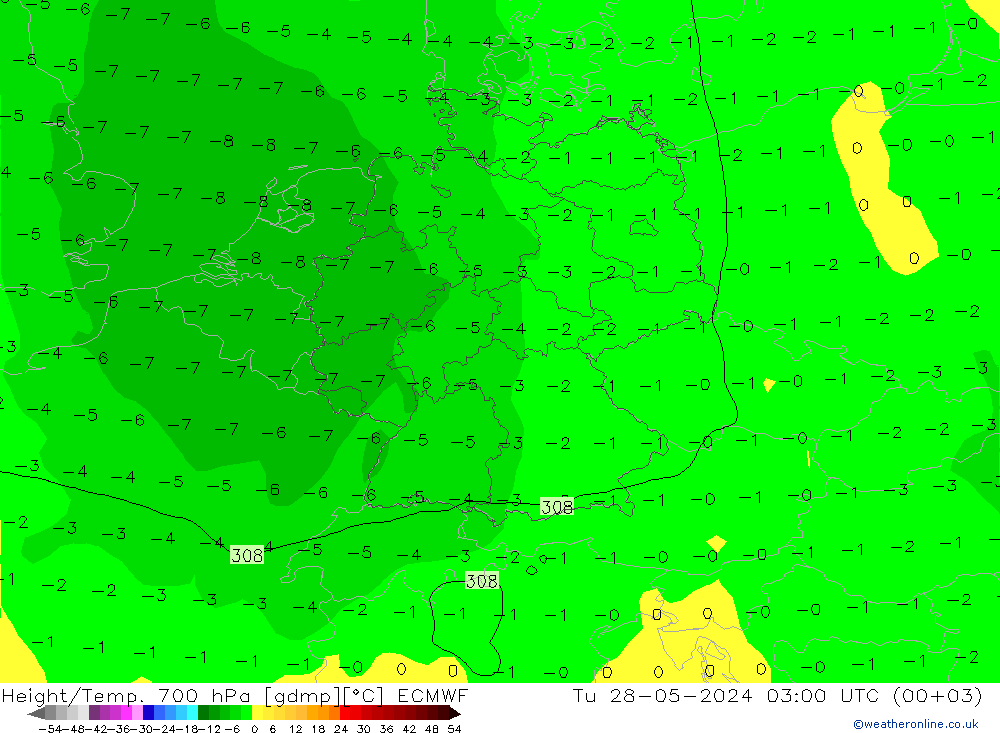 Height/Temp. 700 hPa ECMWF Tu 28.05.2024 03 UTC