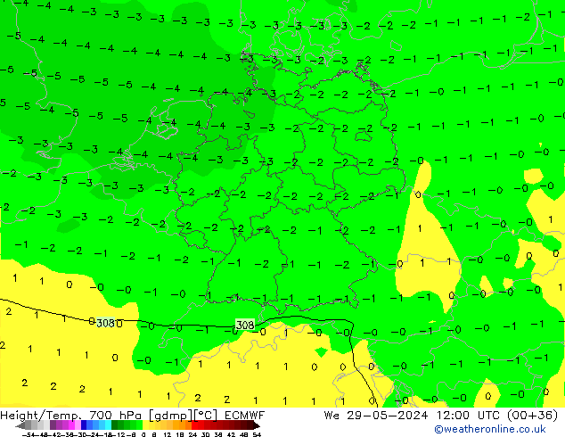 Height/Temp. 700 hPa ECMWF mer 29.05.2024 12 UTC