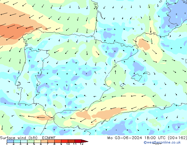 Surface wind (bft) ECMWF Mo 03.06.2024 18 UTC