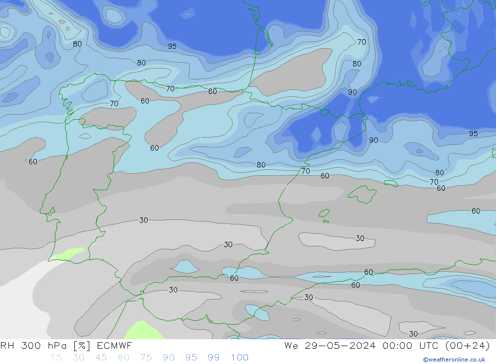 300 hPa Nispi Nem ECMWF Çar 29.05.2024 00 UTC
