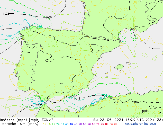 Isotachs (mph) ECMWF dom 02.06.2024 18 UTC