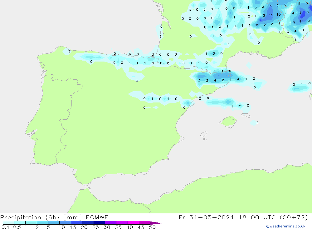 Precipitation (6h) ECMWF Fr 31.05.2024 00 UTC