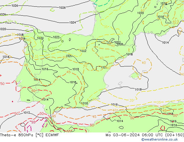 Theta-e 850hPa ECMWF Mo 03.06.2024 06 UTC