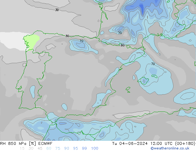 RH 850 hPa ECMWF Tu 04.06.2024 12 UTC