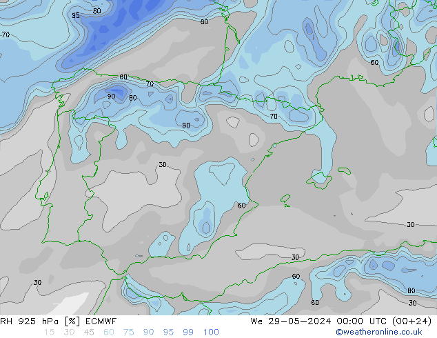 RH 925 hPa ECMWF We 29.05.2024 00 UTC