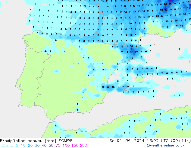 Precipitación acum. ECMWF sáb 01.06.2024 18 UTC