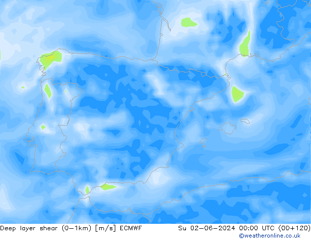 Deep layer shear (0-1km) ECMWF Paz 02.06.2024 00 UTC