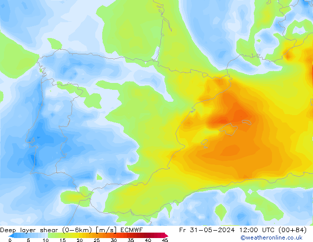 Deep layer shear (0-6km) ECMWF Sex 31.05.2024 12 UTC