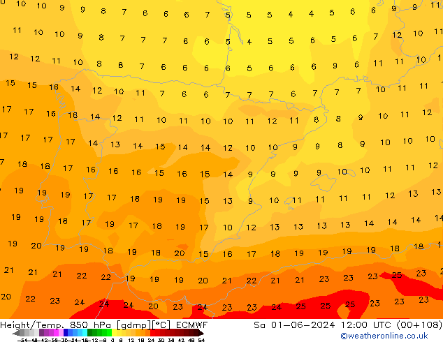 Height/Temp. 850 hPa ECMWF Sa 01.06.2024 12 UTC