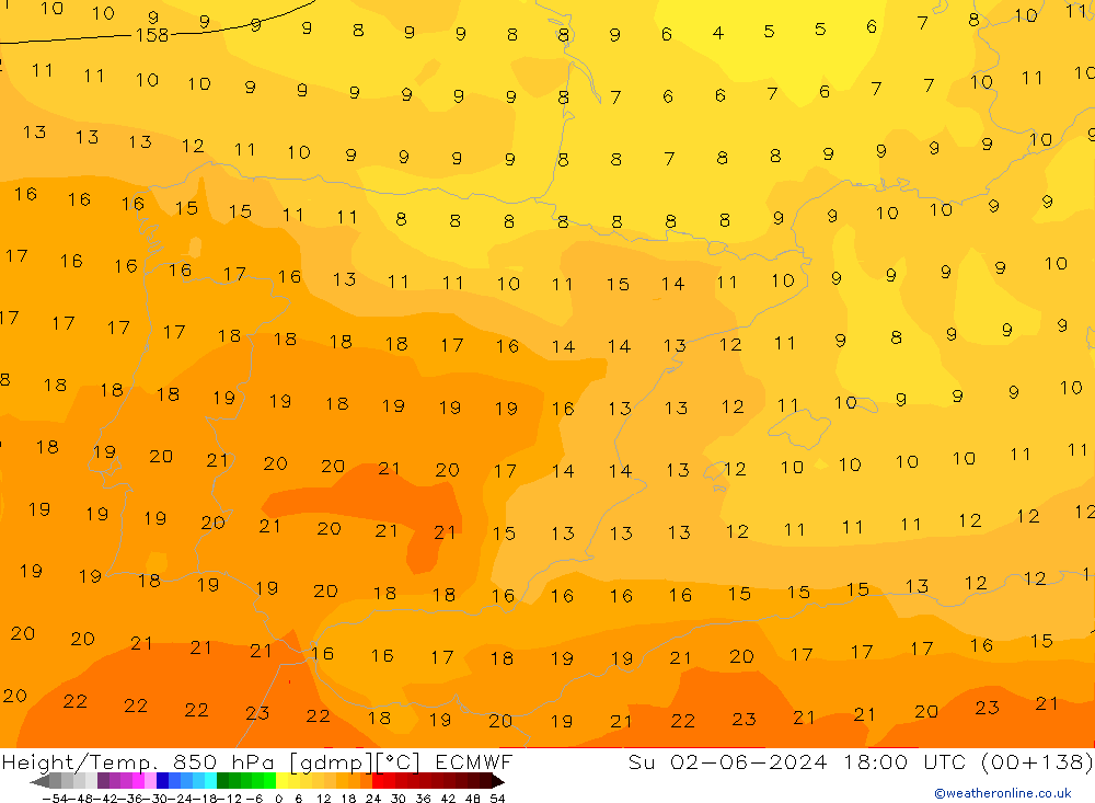 Height/Temp. 850 hPa ECMWF nie. 02.06.2024 18 UTC