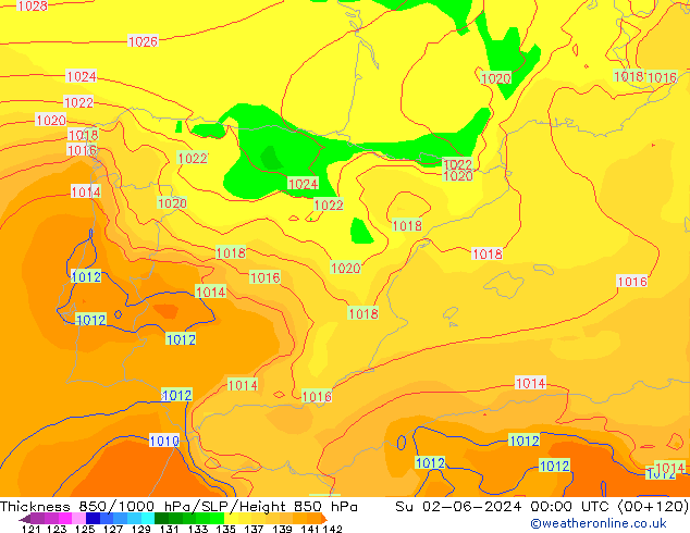 Espesor 850-1000 hPa ECMWF dom 02.06.2024 00 UTC