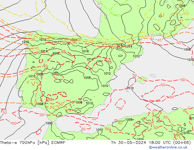 Theta-e 700hPa ECMWF Čt 30.05.2024 18 UTC