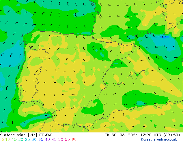 Vento 10 m ECMWF Qui 30.05.2024 12 UTC