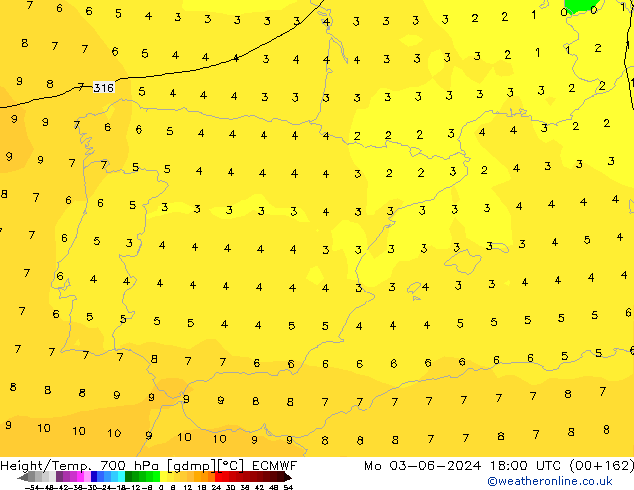 Height/Temp. 700 hPa ECMWF  03.06.2024 18 UTC