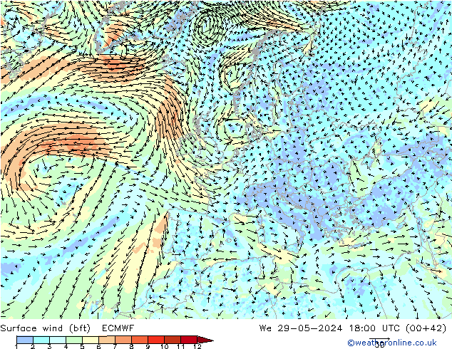 Surface wind (bft) ECMWF We 29.05.2024 18 UTC