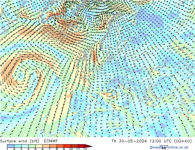 Viento 10 m (bft) ECMWF jue 30.05.2024 12 UTC