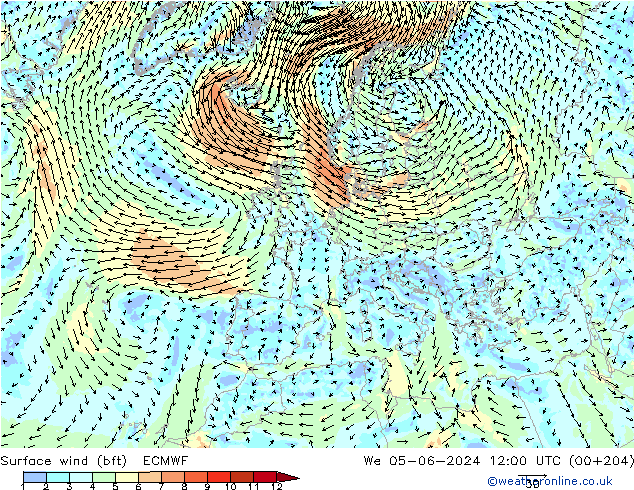 Bodenwind (bft) ECMWF Mi 05.06.2024 12 UTC