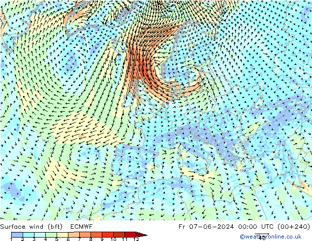 Rüzgar 10 m (bft) ECMWF Cu 07.06.2024 00 UTC