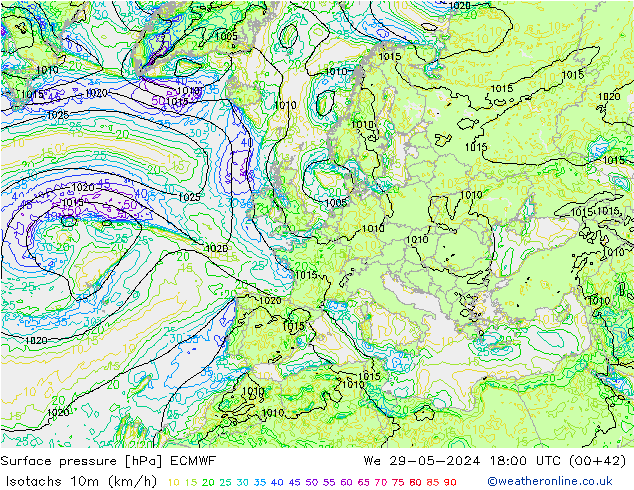 Isotachs (kph) ECMWF  29.05.2024 18 UTC