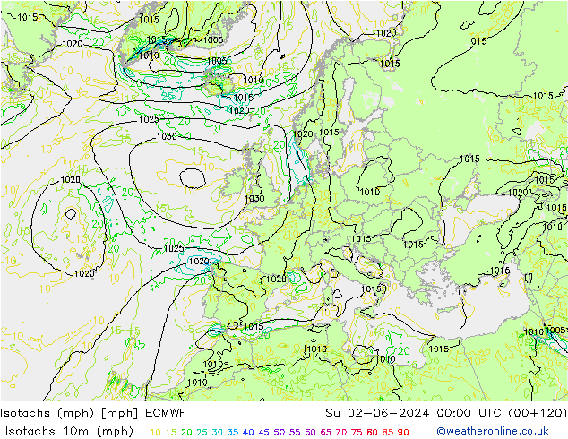 Isotachen (mph) ECMWF So 02.06.2024 00 UTC