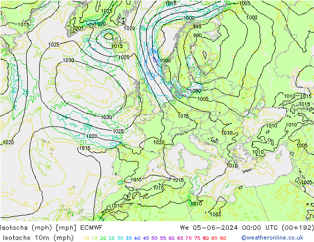 Isotachs (mph) ECMWF ср 05.06.2024 00 UTC