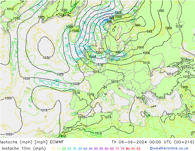 Isotachs (mph) ECMWF  06.06.2024 00 UTC