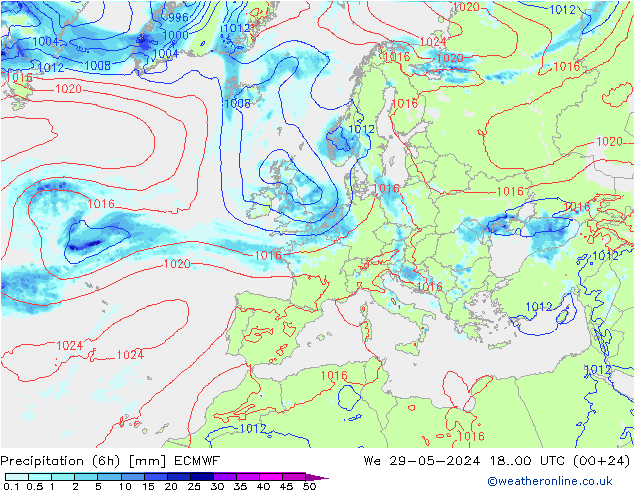 Z500/Rain (+SLP)/Z850 ECMWF mer 29.05.2024 00 UTC