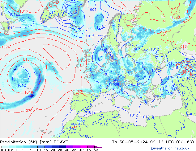 Z500/Rain (+SLP)/Z850 ECMWF чт 30.05.2024 12 UTC