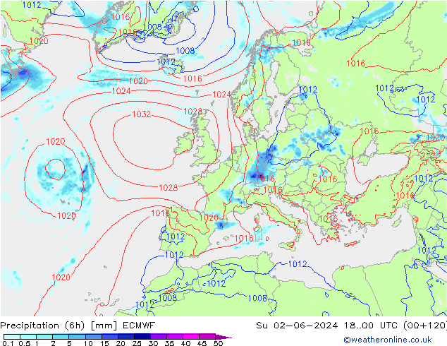 осадки (6h) ECMWF Вс 02.06.2024 00 UTC