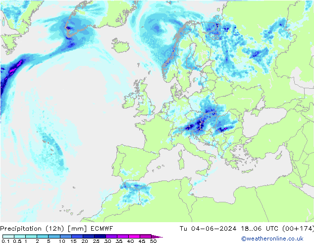 Precipitation (12h) ECMWF Tu 04.06.2024 06 UTC