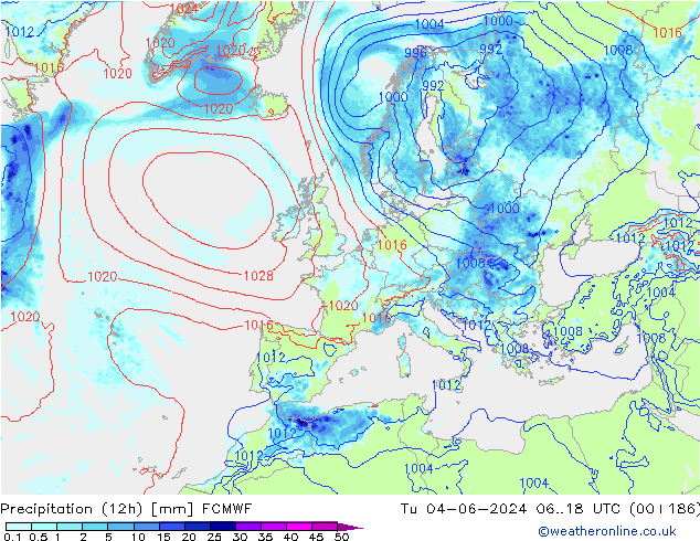 Precipitation (12h) ECMWF Út 04.06.2024 18 UTC