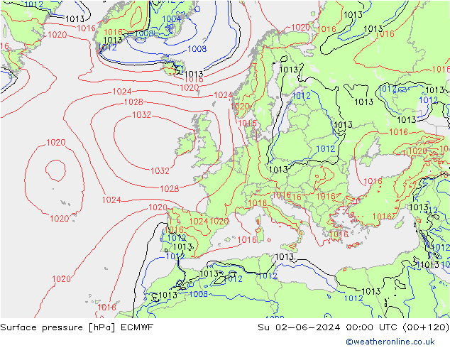 Presión superficial ECMWF dom 02.06.2024 00 UTC